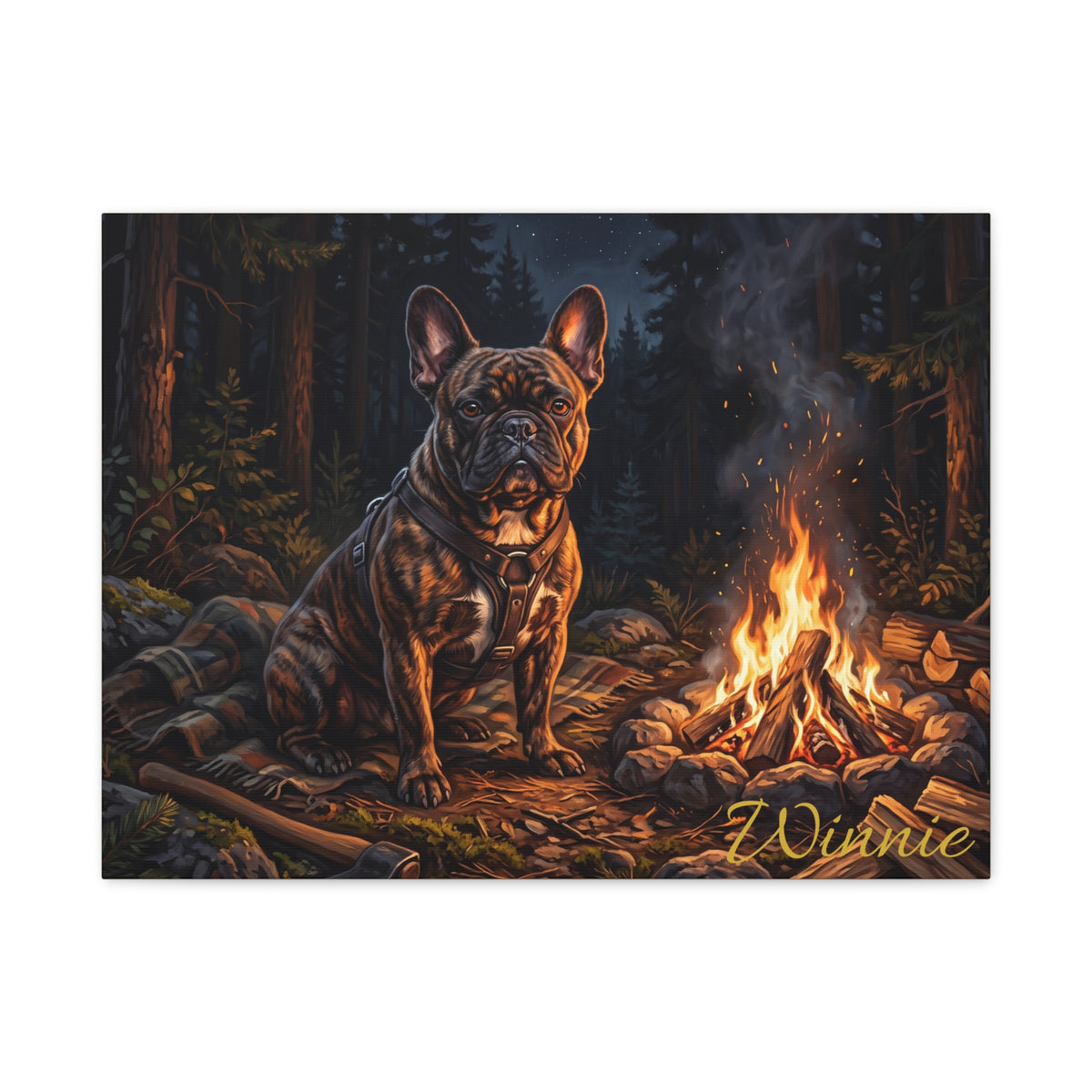 French Bulldog Personalized Canvas | Cozy Campfire Forest Night Wall Art