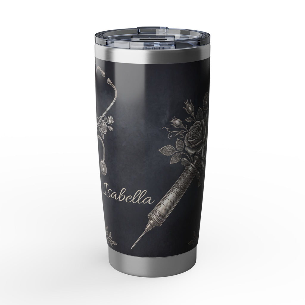 Personalized Stethoscope Tumbler – Custom Name Platinum Floral Design 20 oz