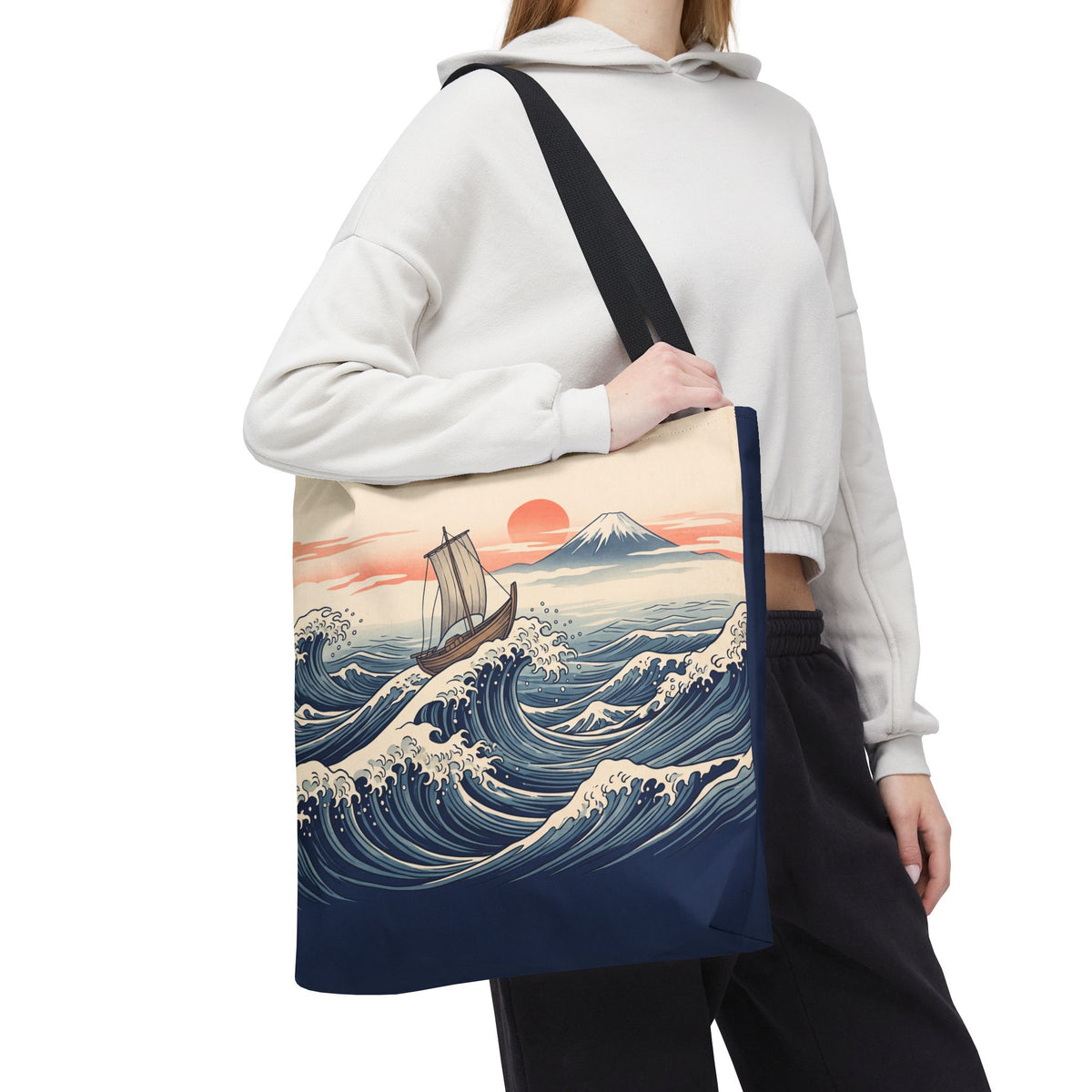 Japanese Wave Sailboat Tote Bag – Woodblock Style Ocean Beach Bag