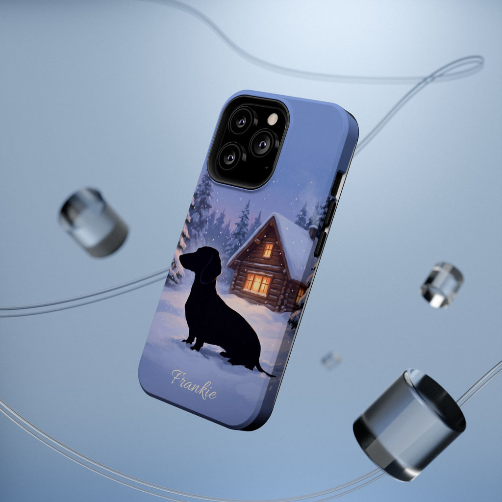 Personalized Dachshund Winter Cabin Phone Case — Wireless Charging Cover