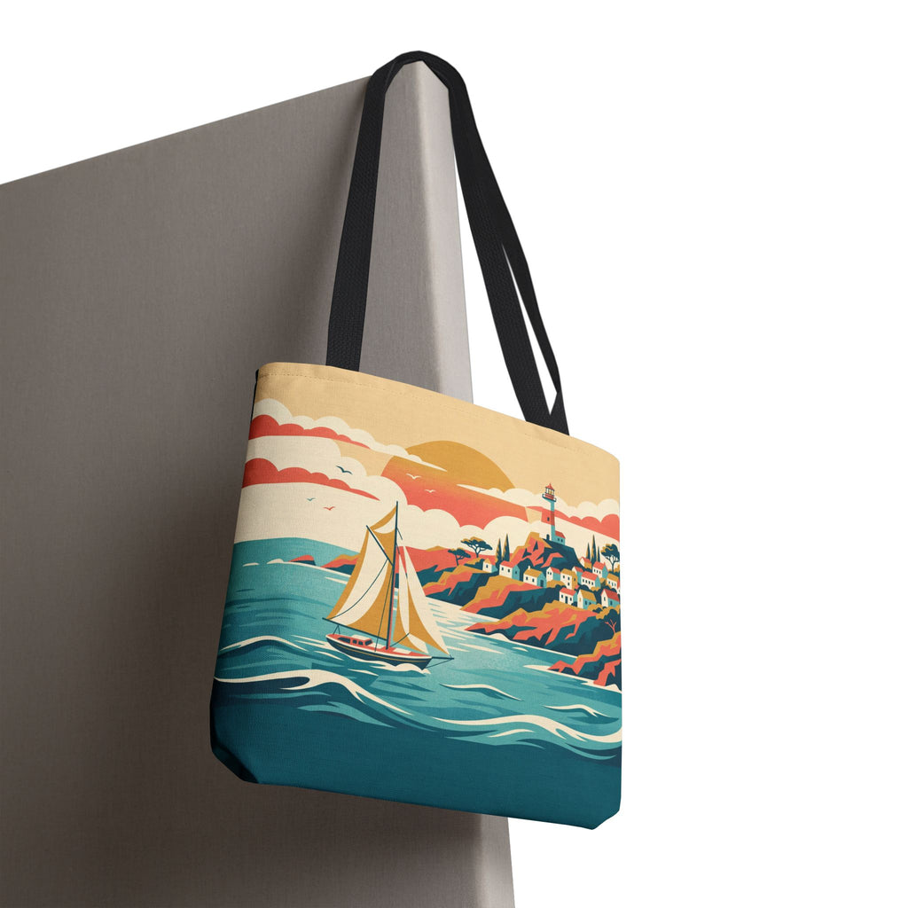 Coastal Lighthouse Sailboat Tote Bag – Retro Seaside Sunset Beach Bag