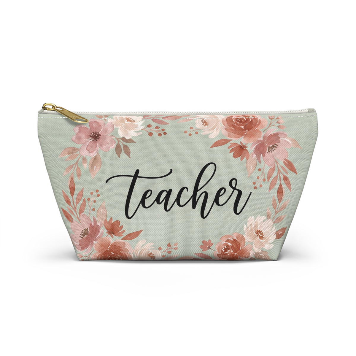 Teacher Floral Watercolor Accessory Pouch — T-Bottom Zipper Bag