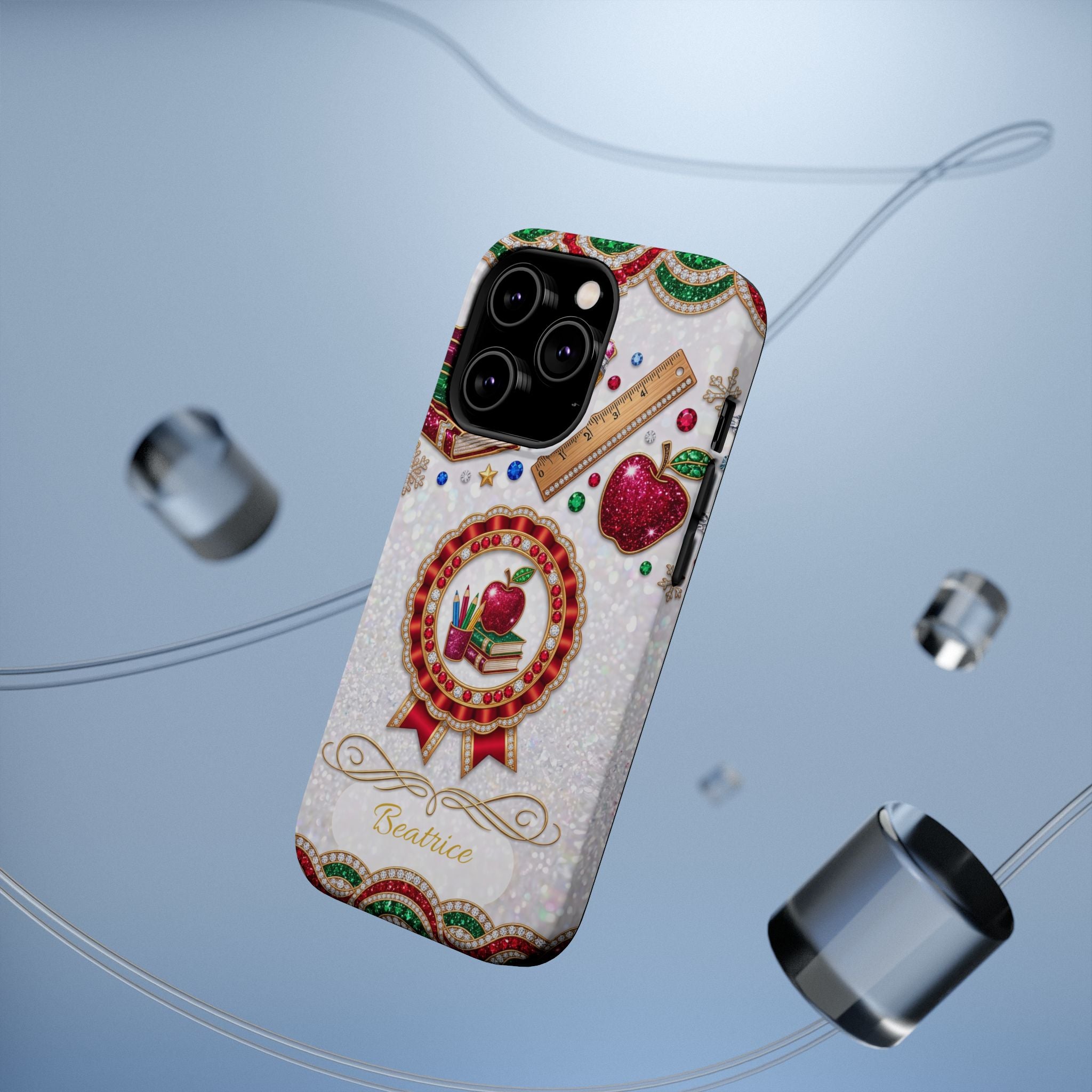 Jeweled Apple Medallion Personalized Teacher Phone Case — Wireless Charging Cover