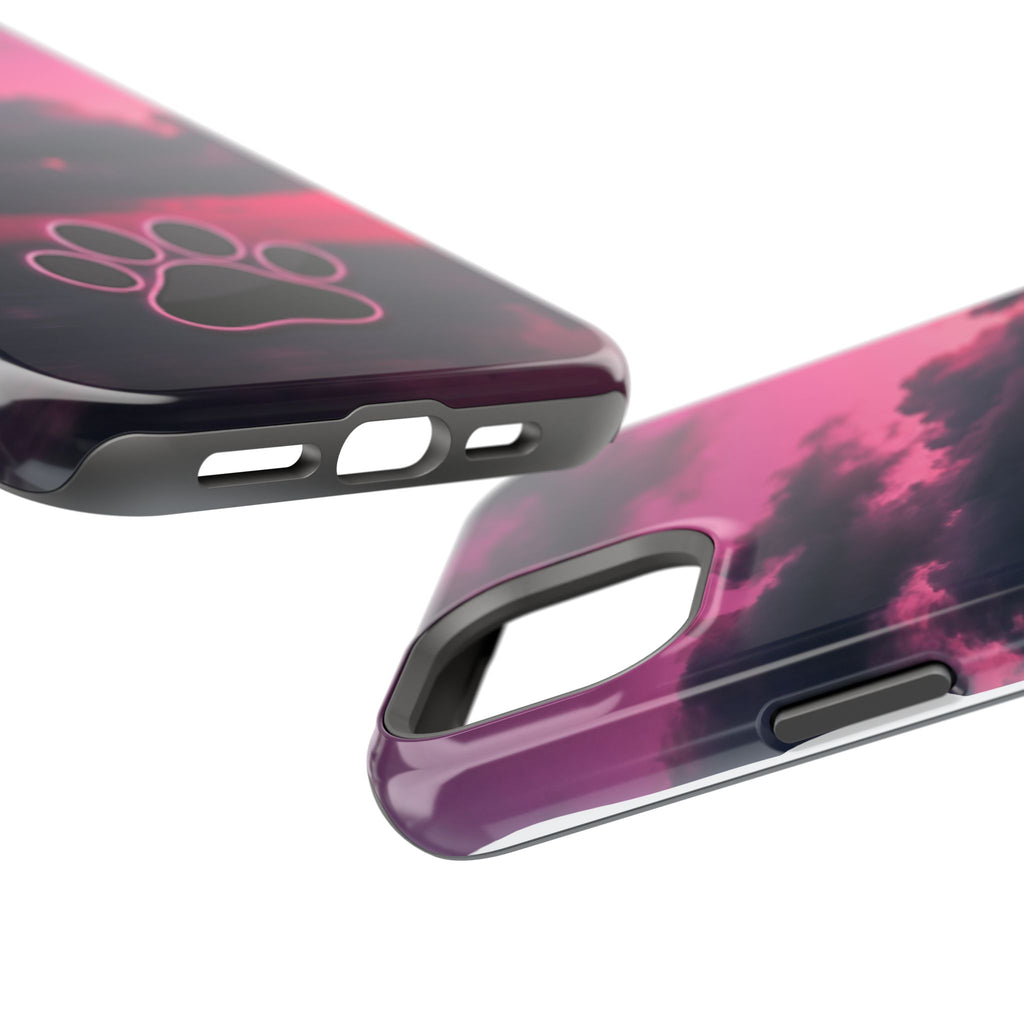 iPhone & Samsung Magnetic Impact-Resistant Phone Case — Pink Twilight Cloud with Paw Print