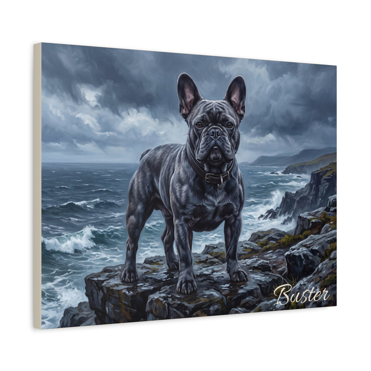 French Bulldog Personalized Canvas | Blue Frenchie Stormy Coastal Cliff Wall Art