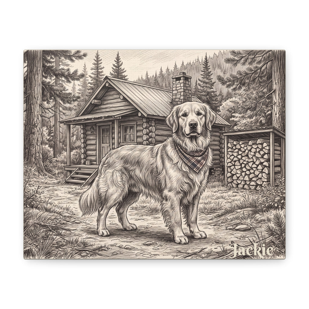 Golden Retriever Cabin Sketch Personalized Canvas | Rustic Woodland Wall Art