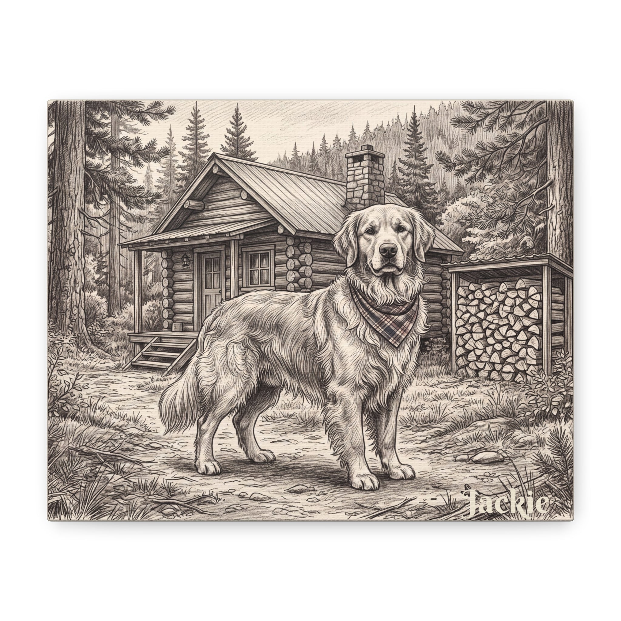 Golden Retriever Cabin Sketch Personalized Canvas | Rustic Woodland Wall Art