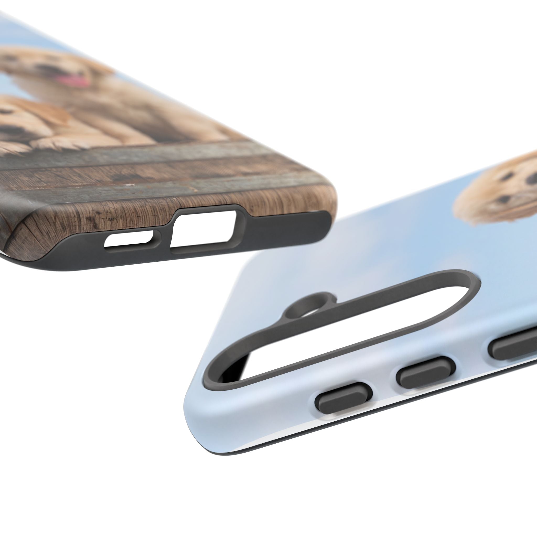 Golden Retriever Puppies on Barrel Phone Case | Cute Duo Under Blue Sky | iPhone & Samsung