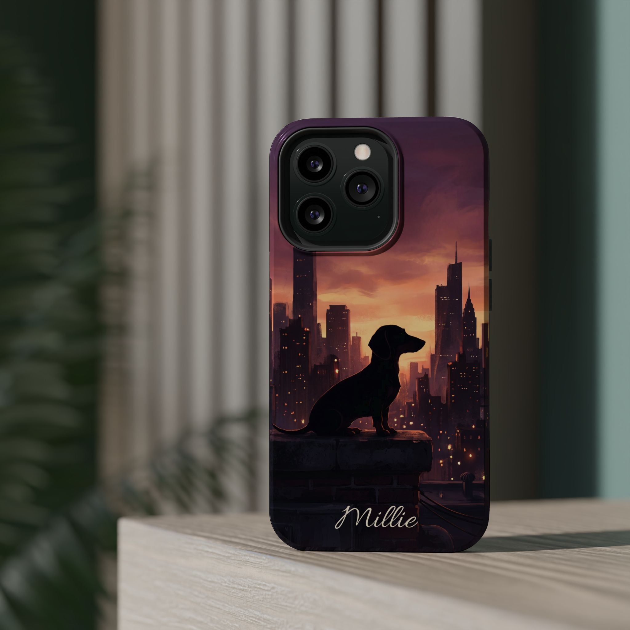 Personalized Dachshund City Skyline Phone Case — Wireless Charging Cover