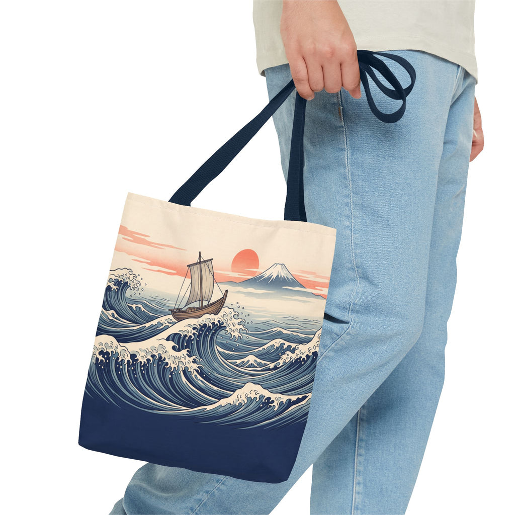 Japanese Wave Sailboat Tote Bag – Woodblock Style Ocean Beach Bag