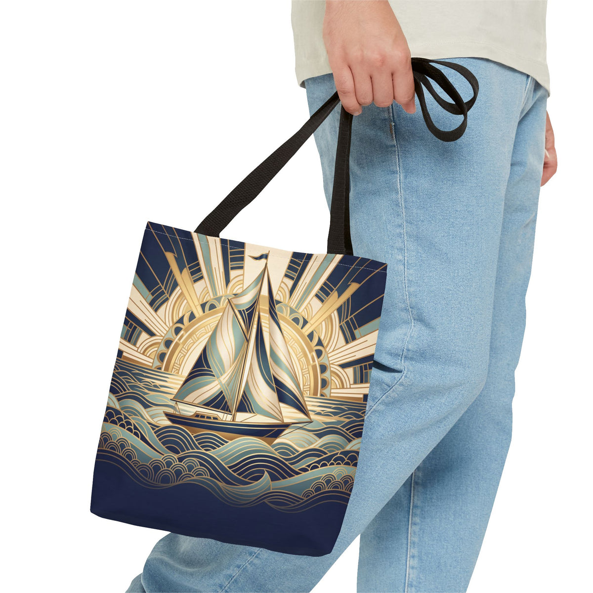 Art Deco Sailboat Tote Bag – Golden Sunburst Nautical Beach Bag