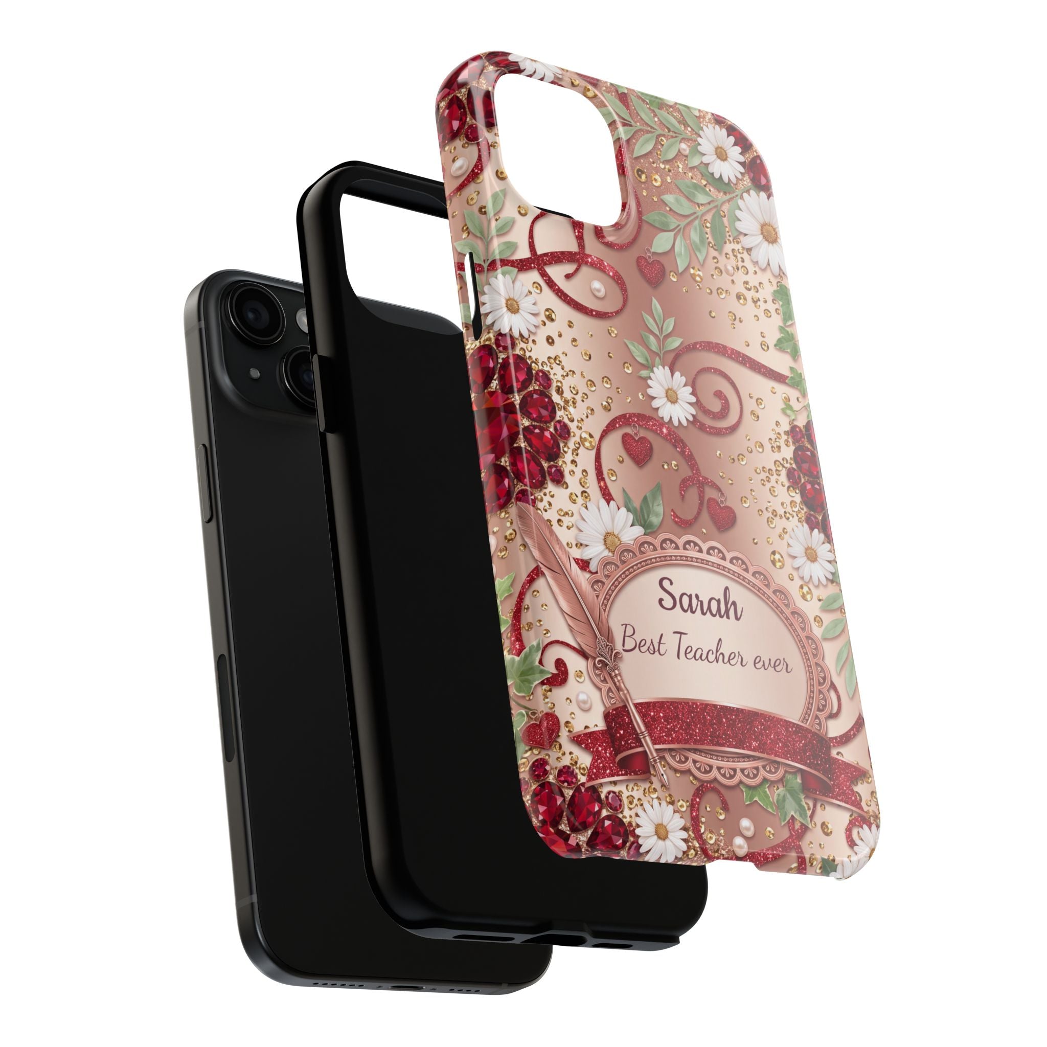 Personalized Teacher Phone Case — Custom Name and Message - Floral Jeweled Design