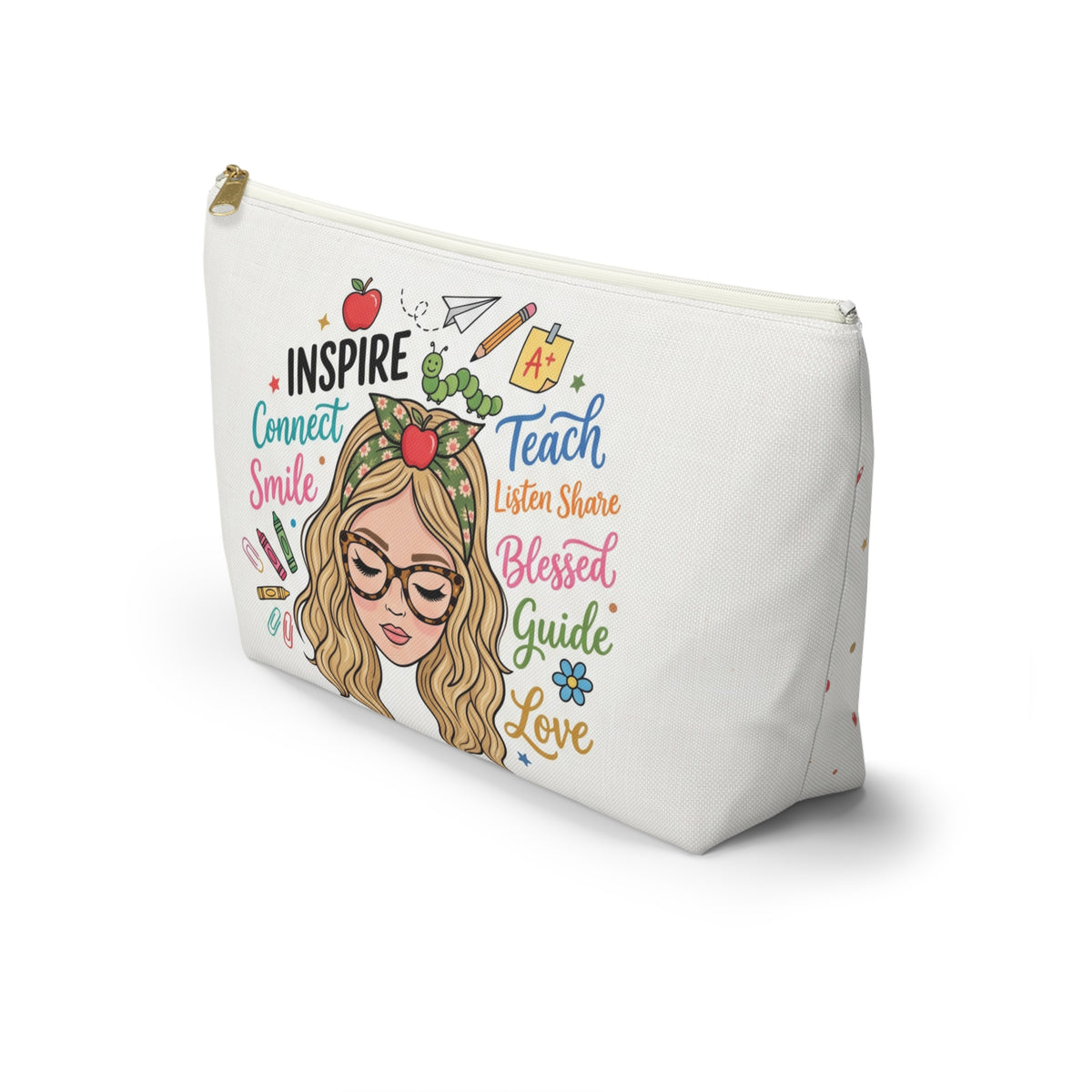 Inspire Teach Blonde Illustrated Teacher Pouch — T-Bottom Zipper Bag