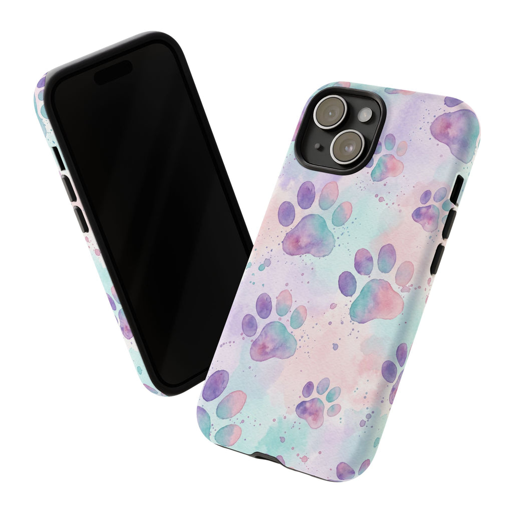 Watercolor Paw Print Phone Case | Pastel Purple, Teal & Pink Artistic Pattern | Samsung & iPhone