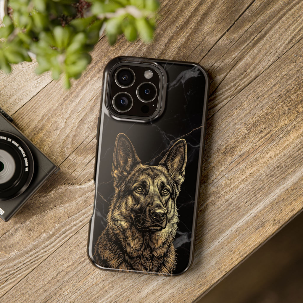 German Shepherd Phone Case | Black Marble Gold Sketch Art — Tough Magnetic Case with Wireless Charging