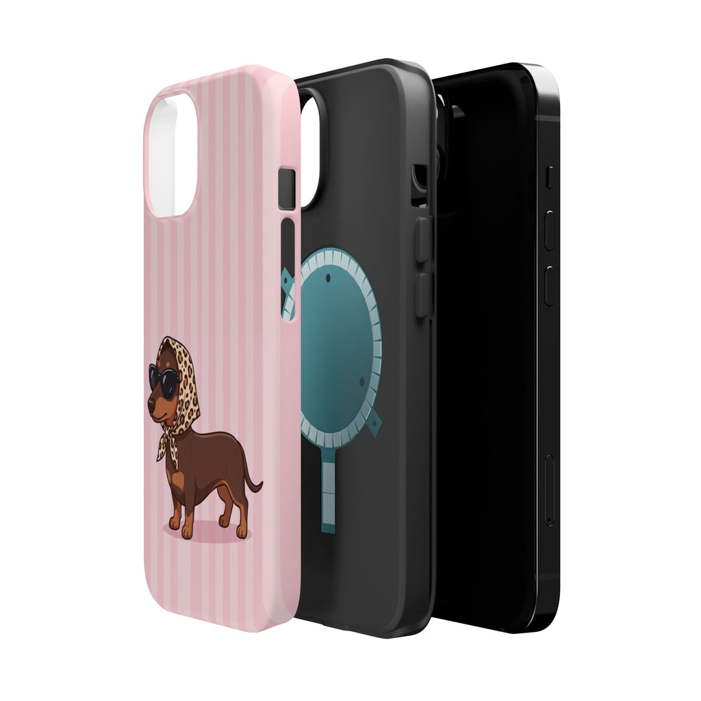 Glam Dachshund Phone Case | Cute Sausage Dog in Leopard Scarf & Sunglasses | Pink Stripe Case for iPhone & Samsung