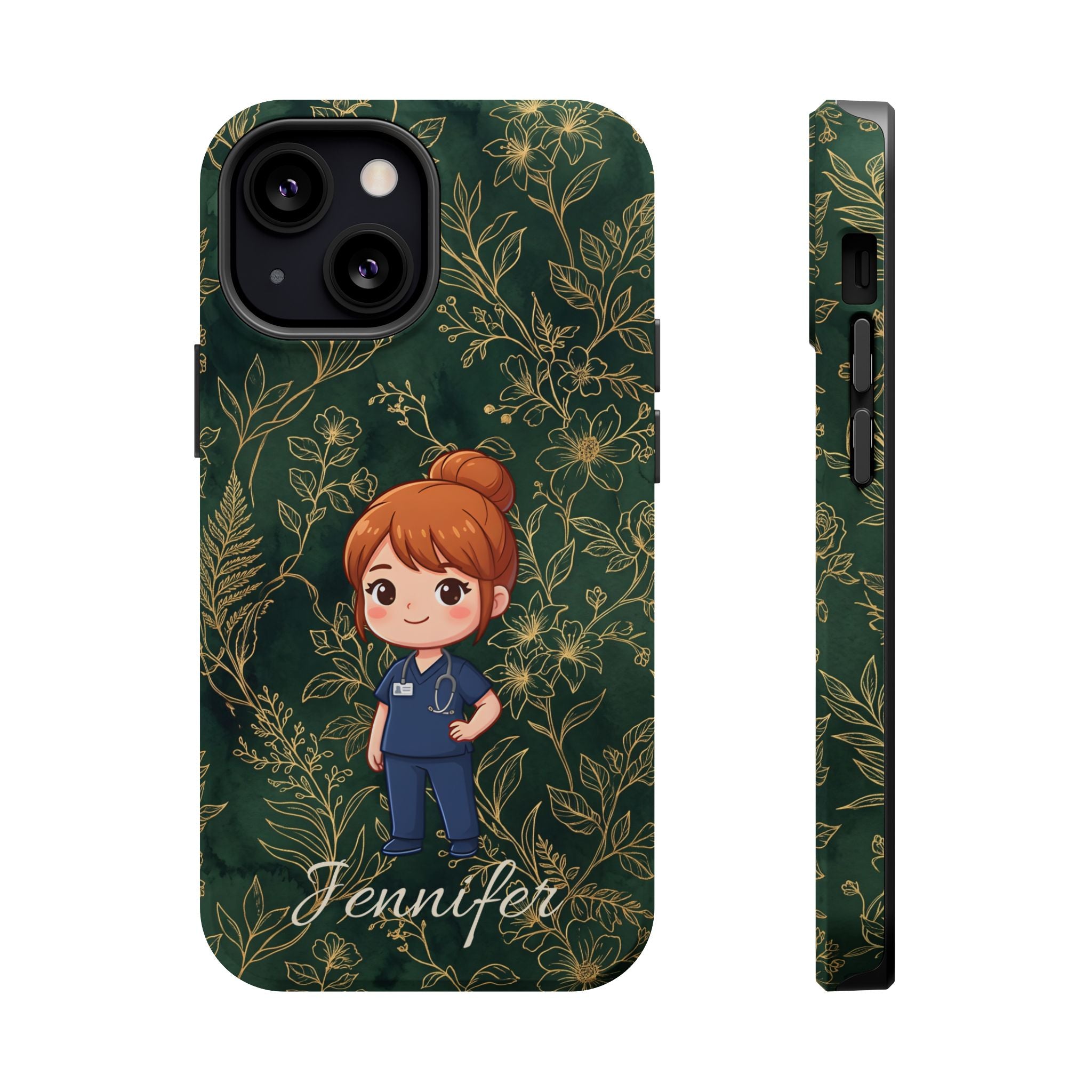 Personalized Nurse Botanical Phone Case — Impact-Resistant Wireless Charging Cover