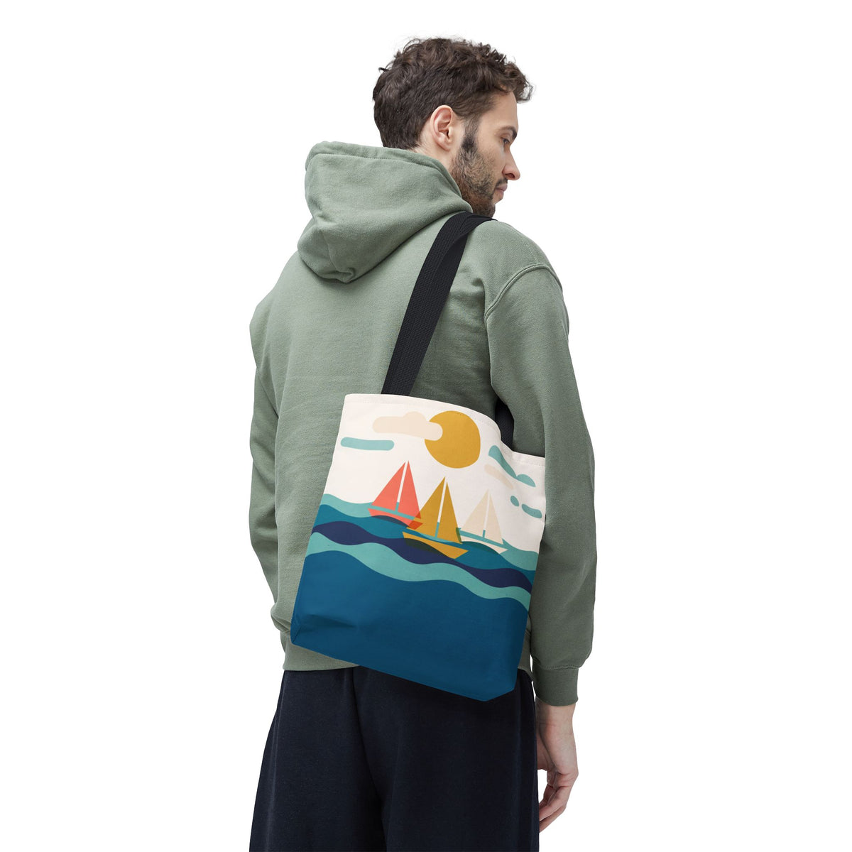 Minimalist Sailboat Tote Bag – Mid-Century Modern Ocean Waves Beach Bag