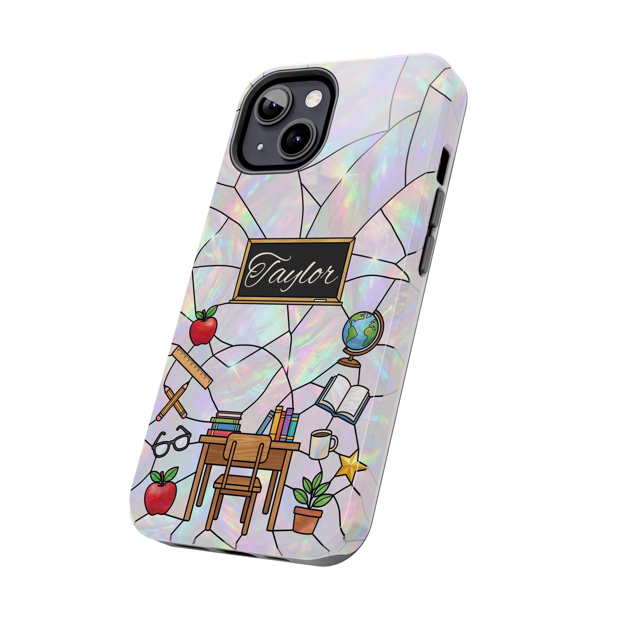 Personalized Teacher Phone Case — Custom Name Stained Glass Classroom Design