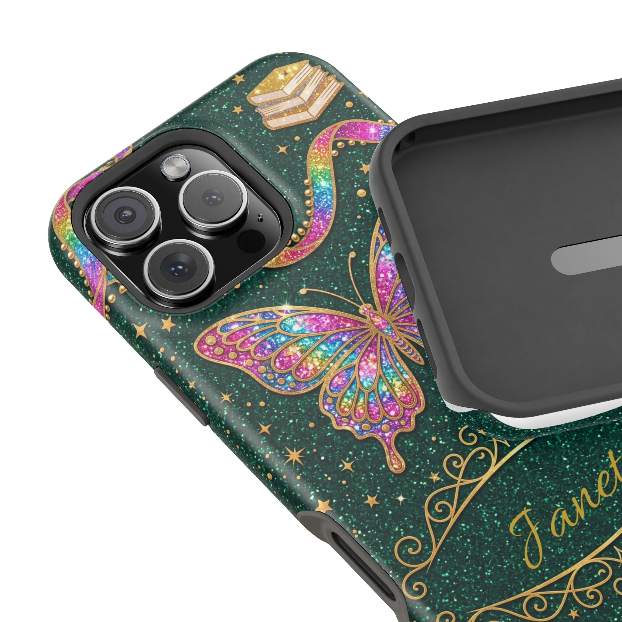 Rainbow Glitter Butterfly Personalized Teacher Phone Case — Wireless Charging Cover