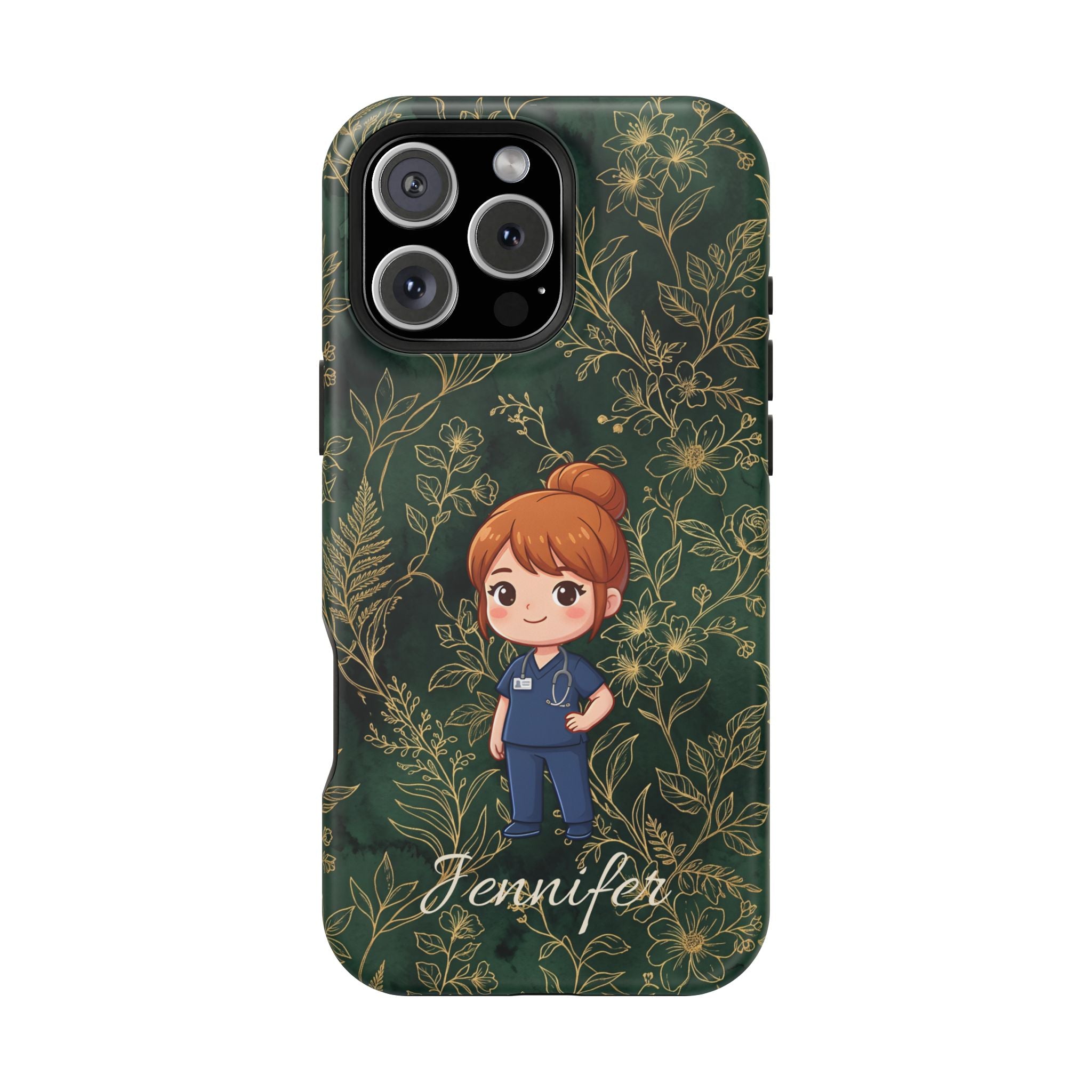 Personalized Nurse Botanical Phone Case — Impact-Resistant Wireless Charging Cover