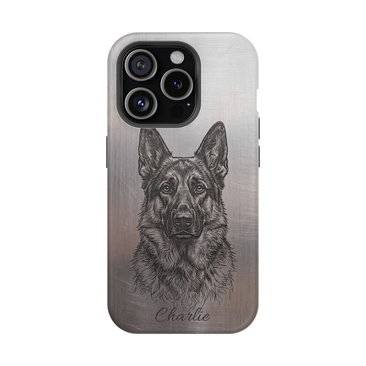 German Shepherd Phone Case | Personalized Etched Silver Art — Tough Magnetic Case with Wireless Charging