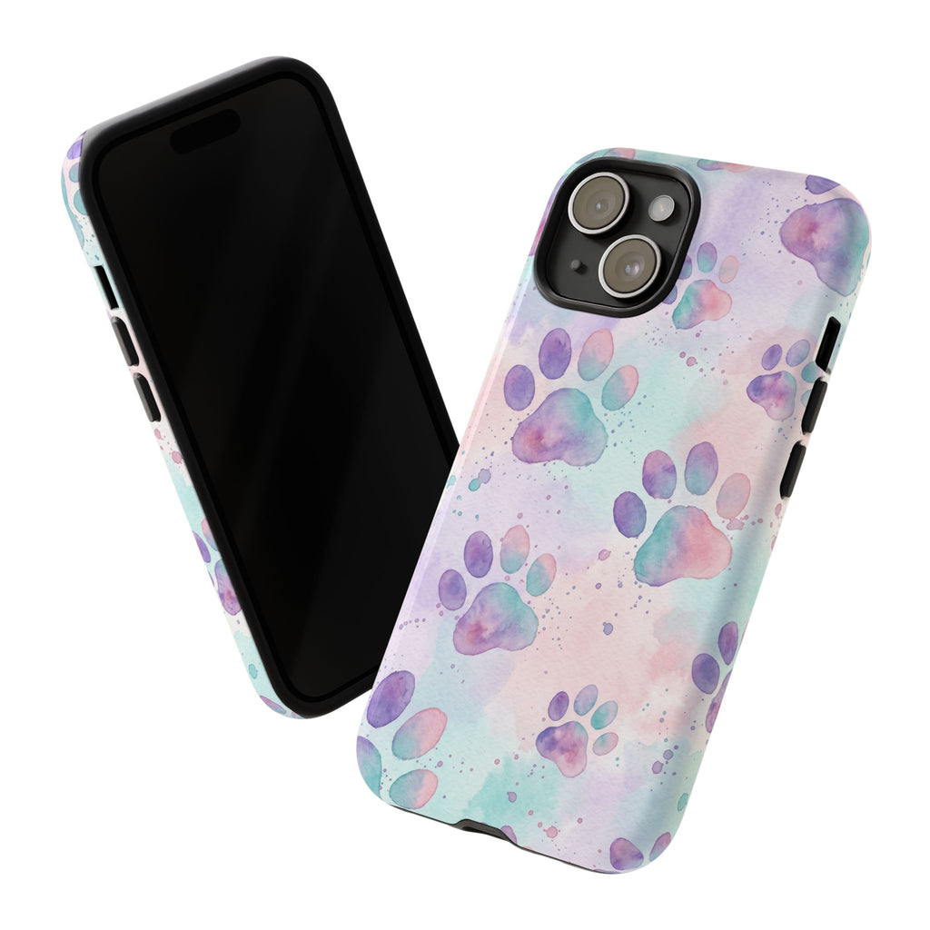 Watercolor Paw Print Phone Case | Pastel Purple, Teal & Pink Artistic Pattern | Samsung & iPhone