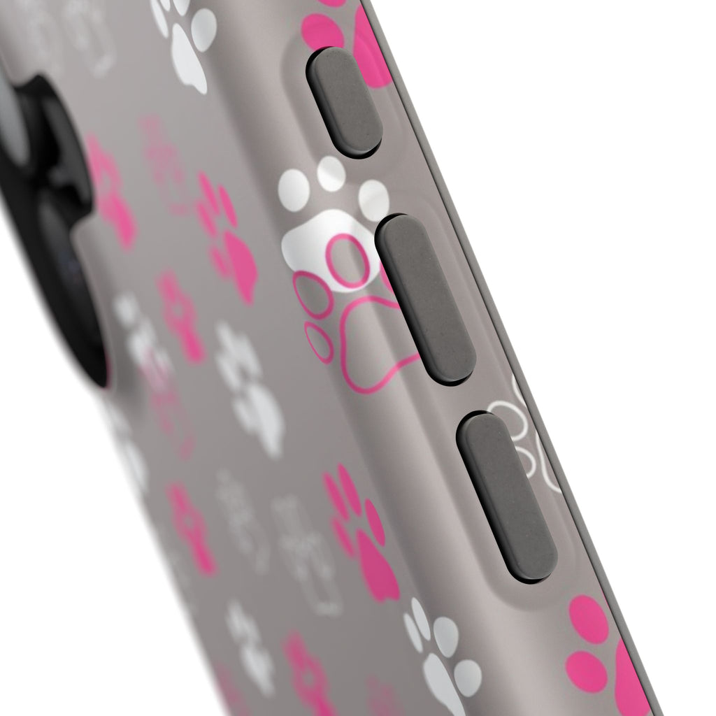 Pink & White Paw Print Phone Case — Impact-Resistant Wireless Charging Cover