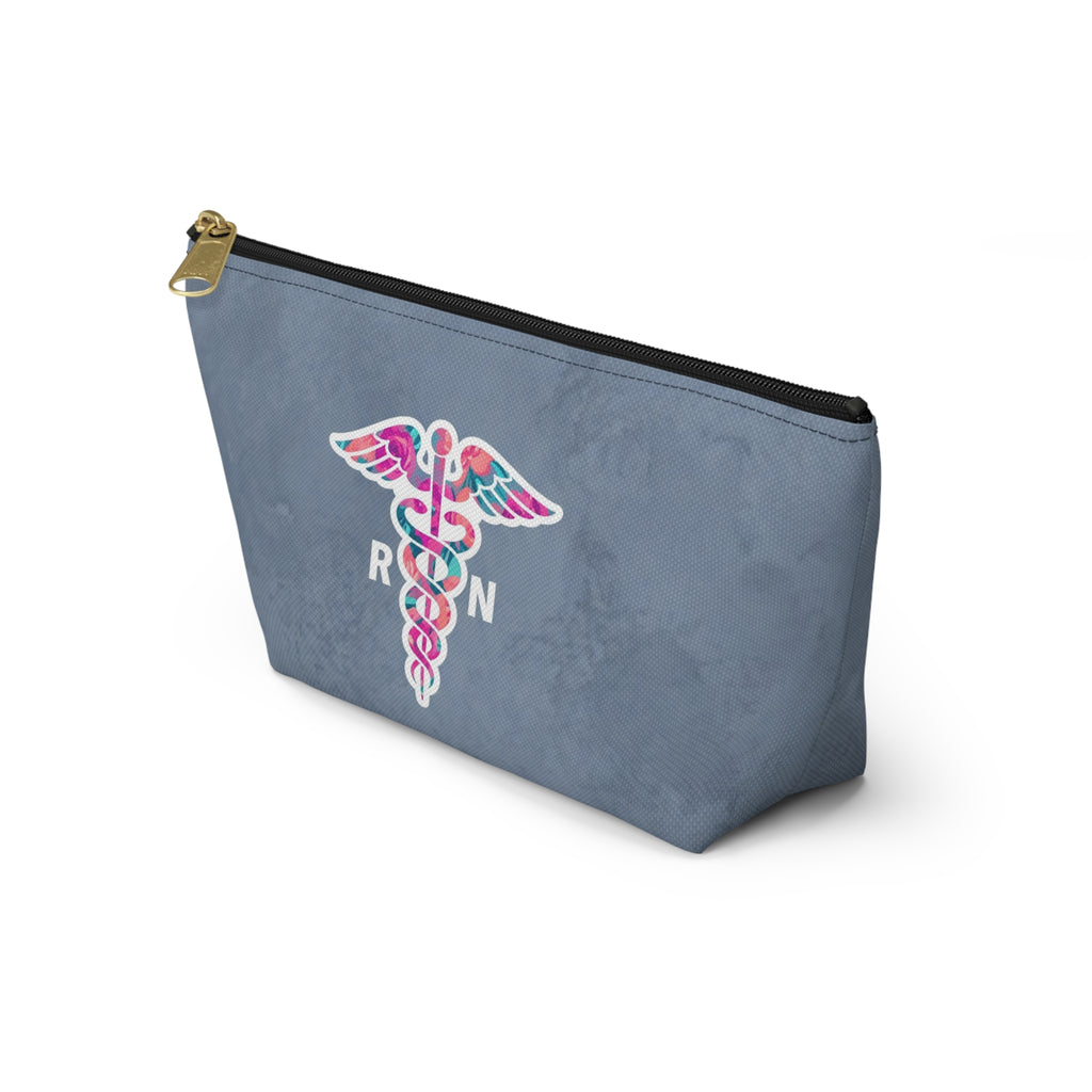 RN Floral Caduceus Dusty Blue Accessory Pouch — T-Bottom Zipper Bag