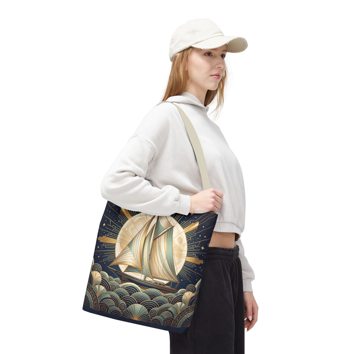 Art Deco Moonlit Sailboat Tote Bag – Starry Night Nautical Beach Bag