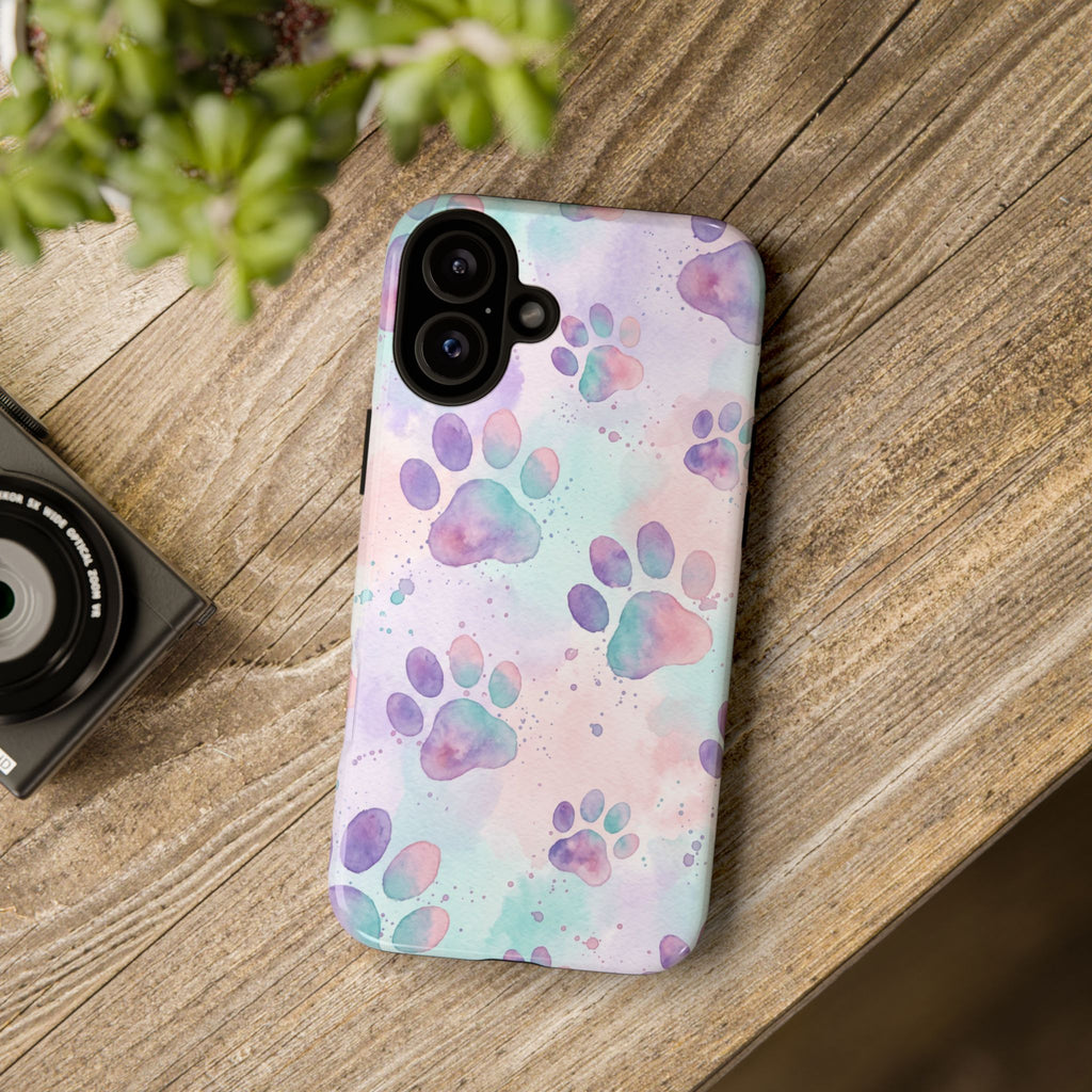 Watercolor Paw Print Phone Case | Pastel Purple, Teal & Pink Artistic Pattern | Samsung & iPhone