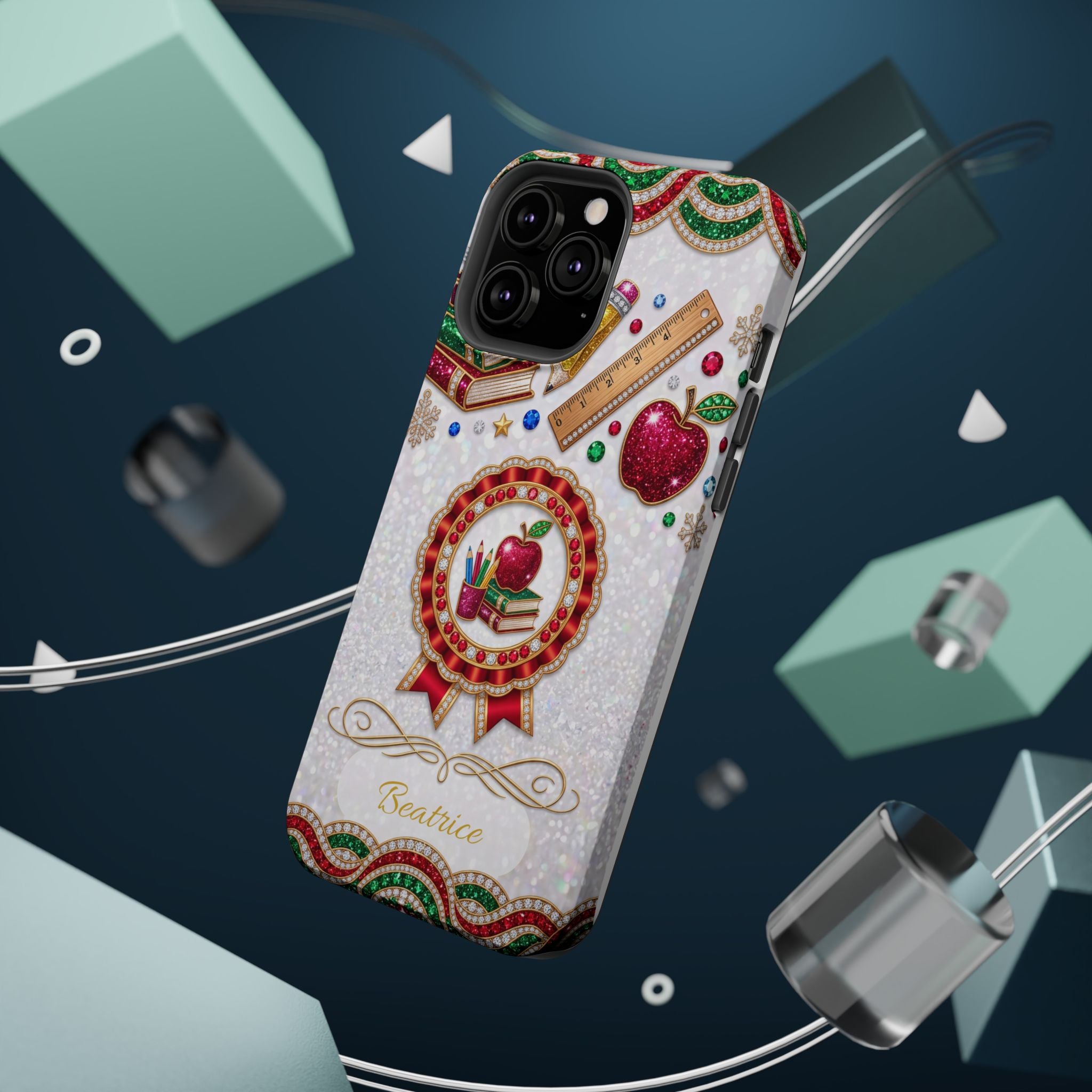 Jeweled Apple Medallion Personalized Teacher Phone Case — Wireless Charging Cover