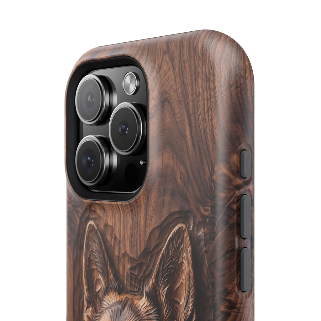 German Shepherd Phone Case | Carved Walnut Art — Tough Magnetic Case with Wireless Charging
