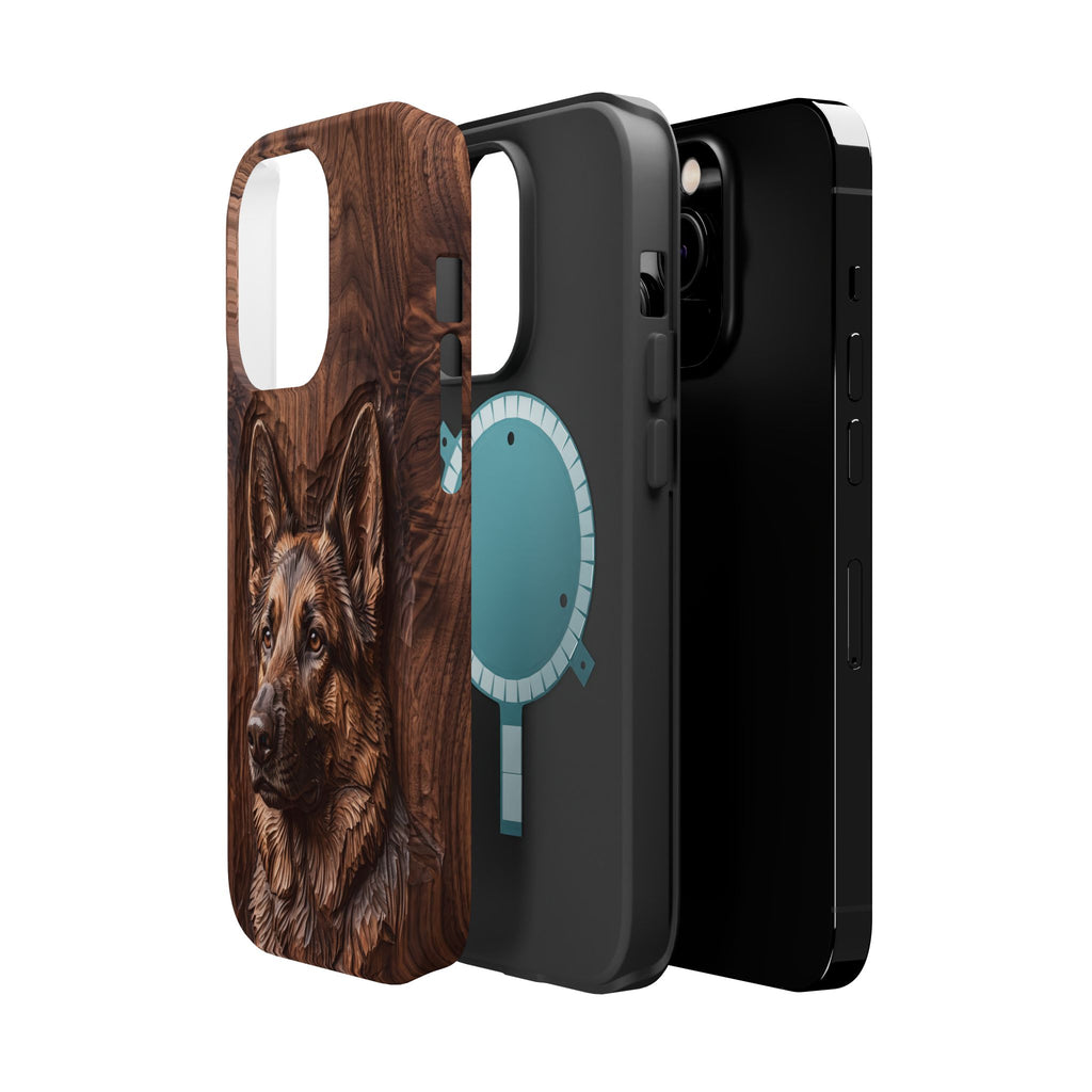 German Shepherd Phone Case | Carved Walnut Art — Tough Magnetic Case with Wireless Charging