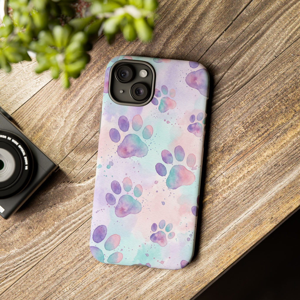 Watercolor Paw Print Phone Case | Pastel Purple, Teal & Pink Artistic Pattern | Samsung & iPhone