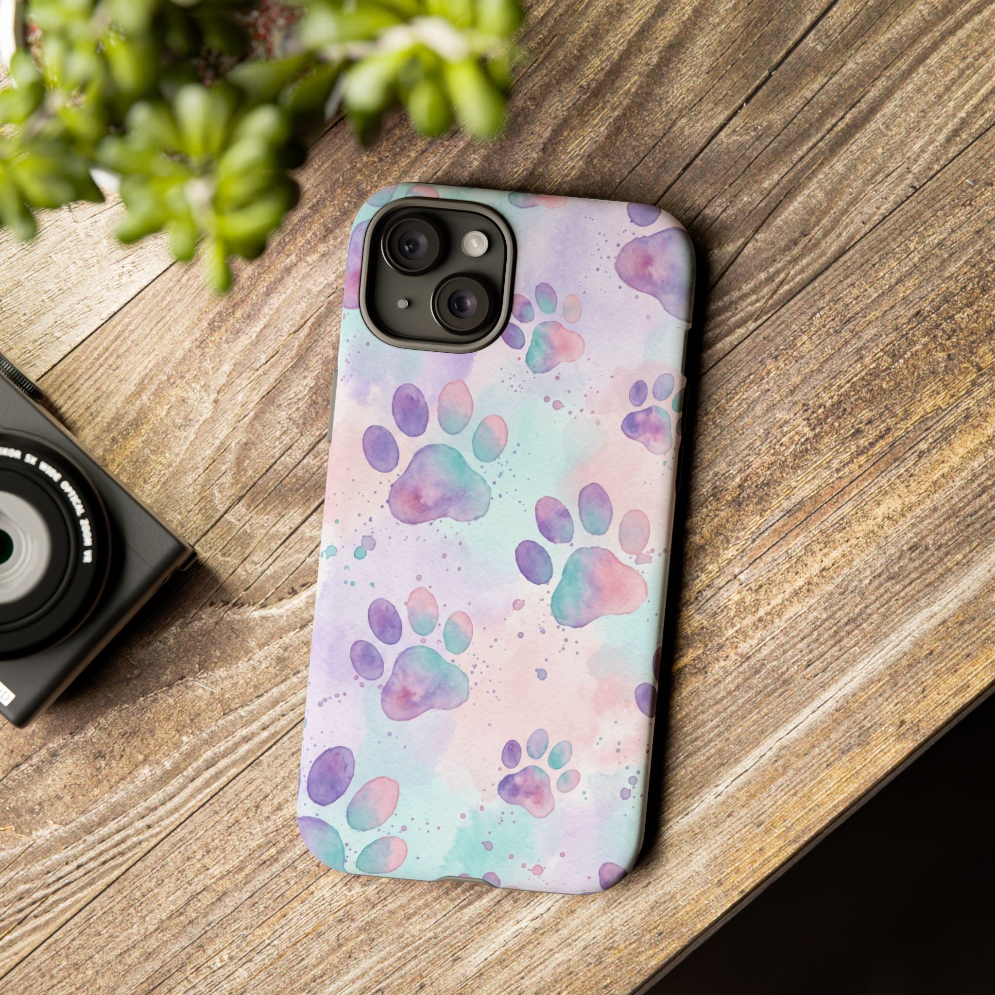 Watercolor Paw Print Phone Case | Pastel Purple, Teal & Pink Artistic Pattern | Samsung & iPhone