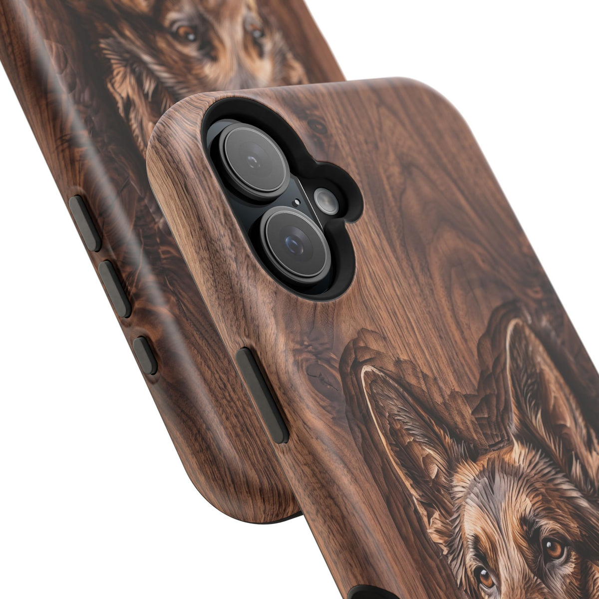 German Shepherd Phone Case | Carved Walnut Art — Tough Magnetic Case with Wireless Charging