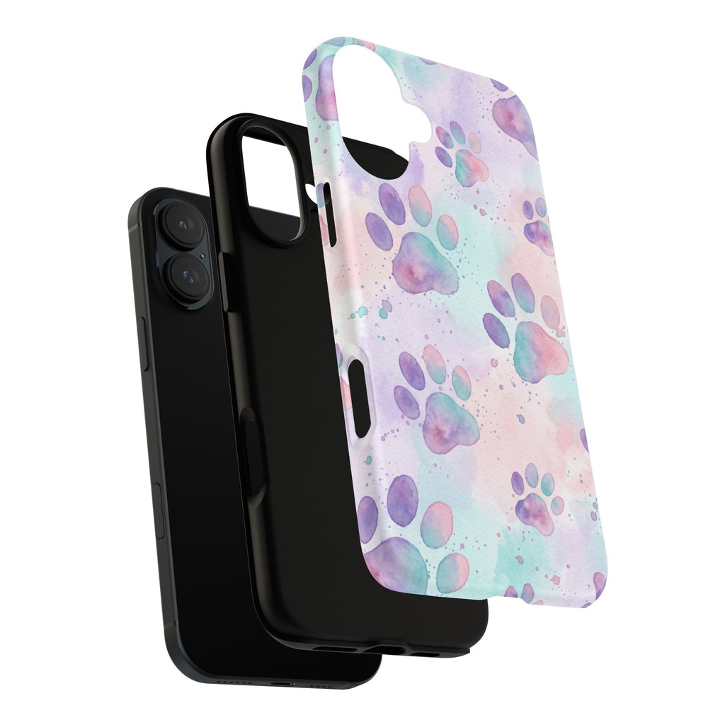 Watercolor Paw Print Phone Case | Pastel Purple, Teal & Pink Artistic Pattern | Samsung & iPhone