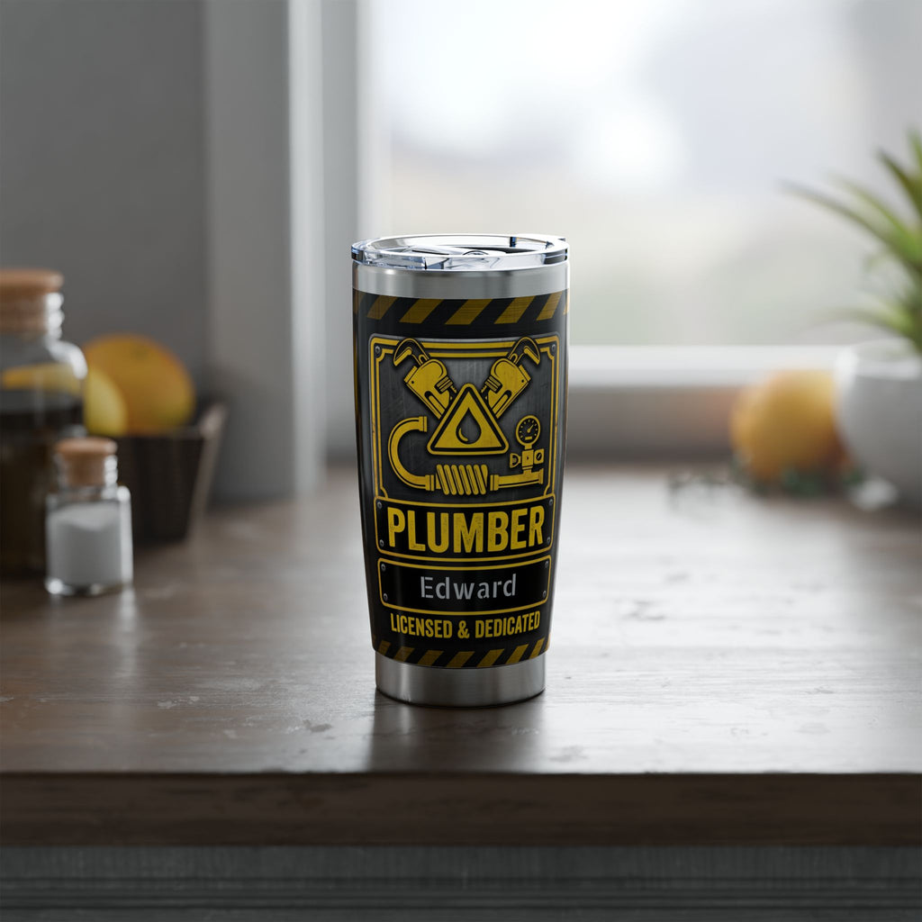 Personalized Plumber Tumbler – Industrial Black & Yellow Badge Design 20 oz