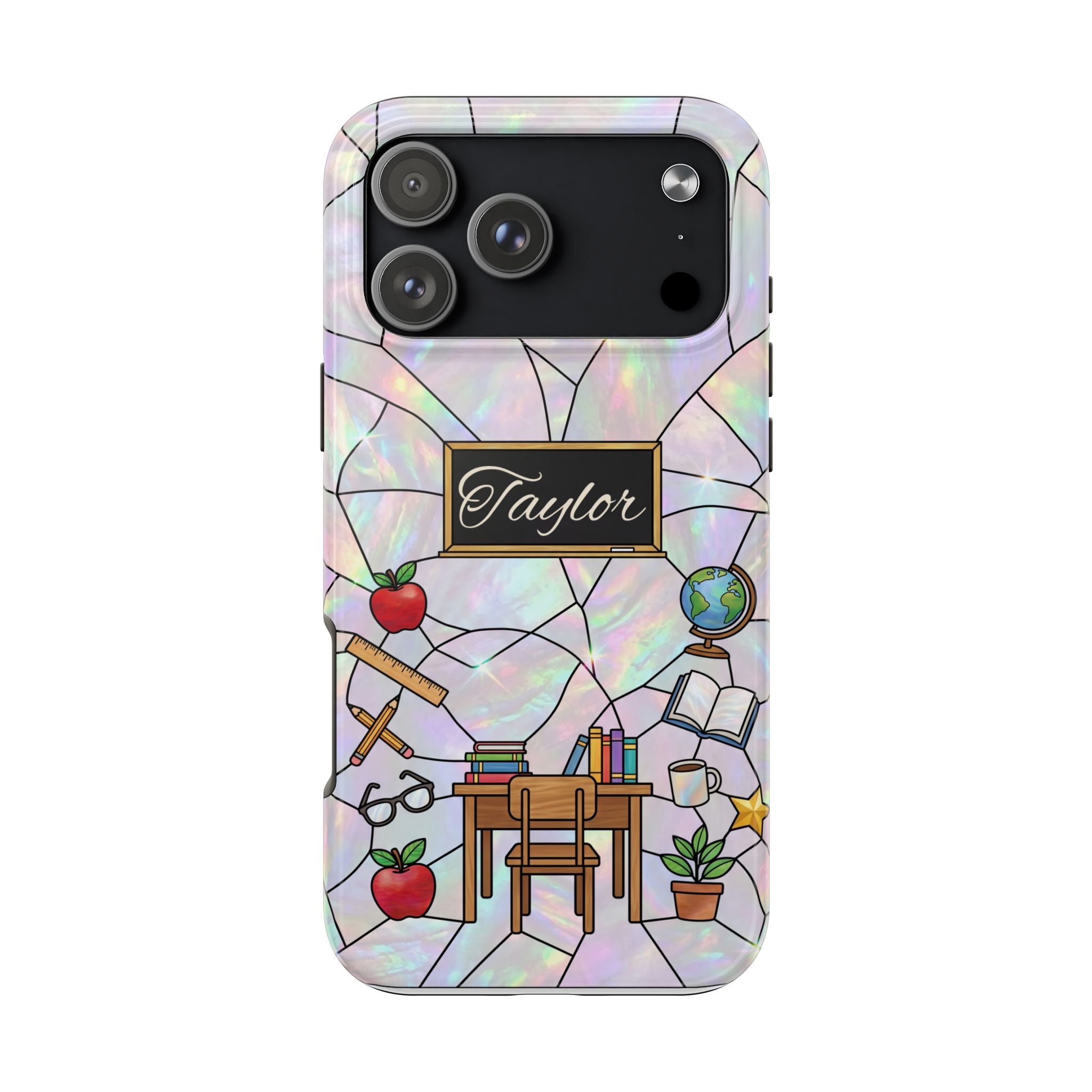 Personalized Teacher Phone Case — Custom Name Stained Glass Classroom Design