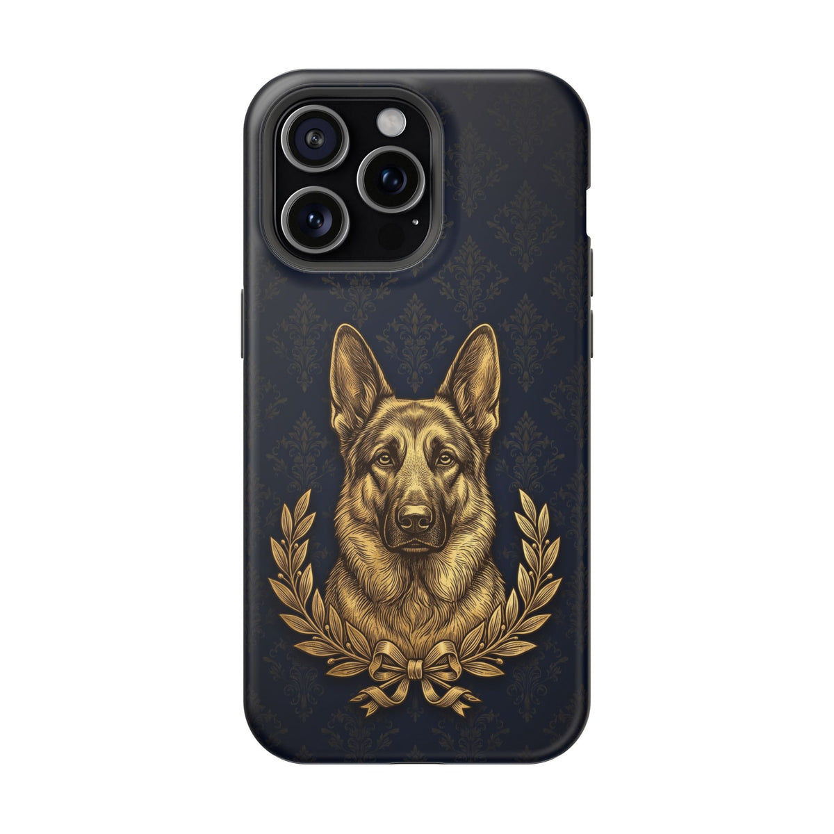 German Shepherd Phone Case | Navy Gold Laurel Art — Tough Magnetic Case with Wireless Charging