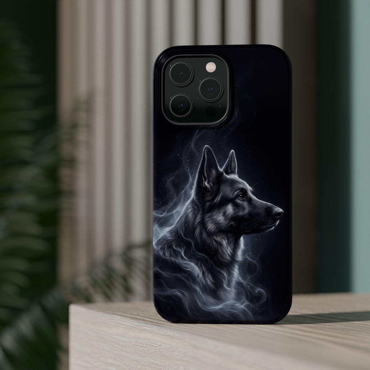 German Shepherd Phone Case | Silver Moonlight Mist Art — Tough Magnetic Case with Wireless Charging