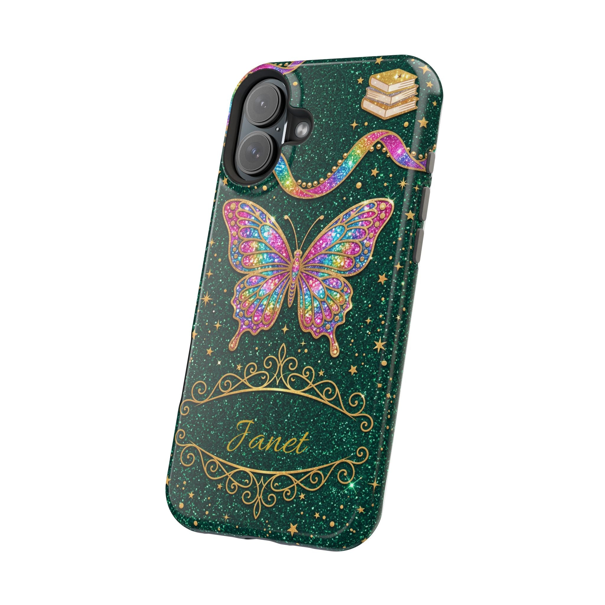 Rainbow Glitter Butterfly Personalized Teacher Phone Case — Wireless Charging Cover