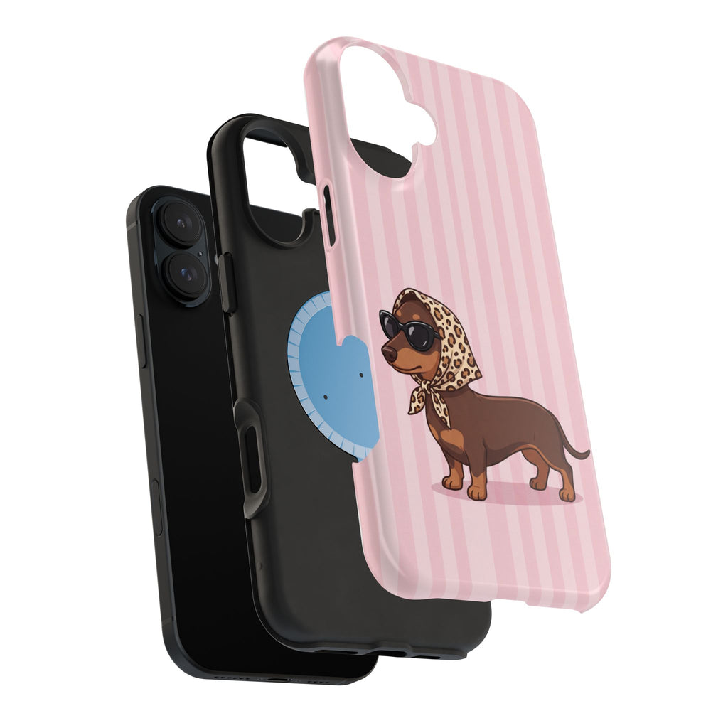 Glam Dachshund Phone Case | Cute Sausage Dog in Leopard Scarf & Sunglasses | Pink Stripe Case for iPhone & Samsung