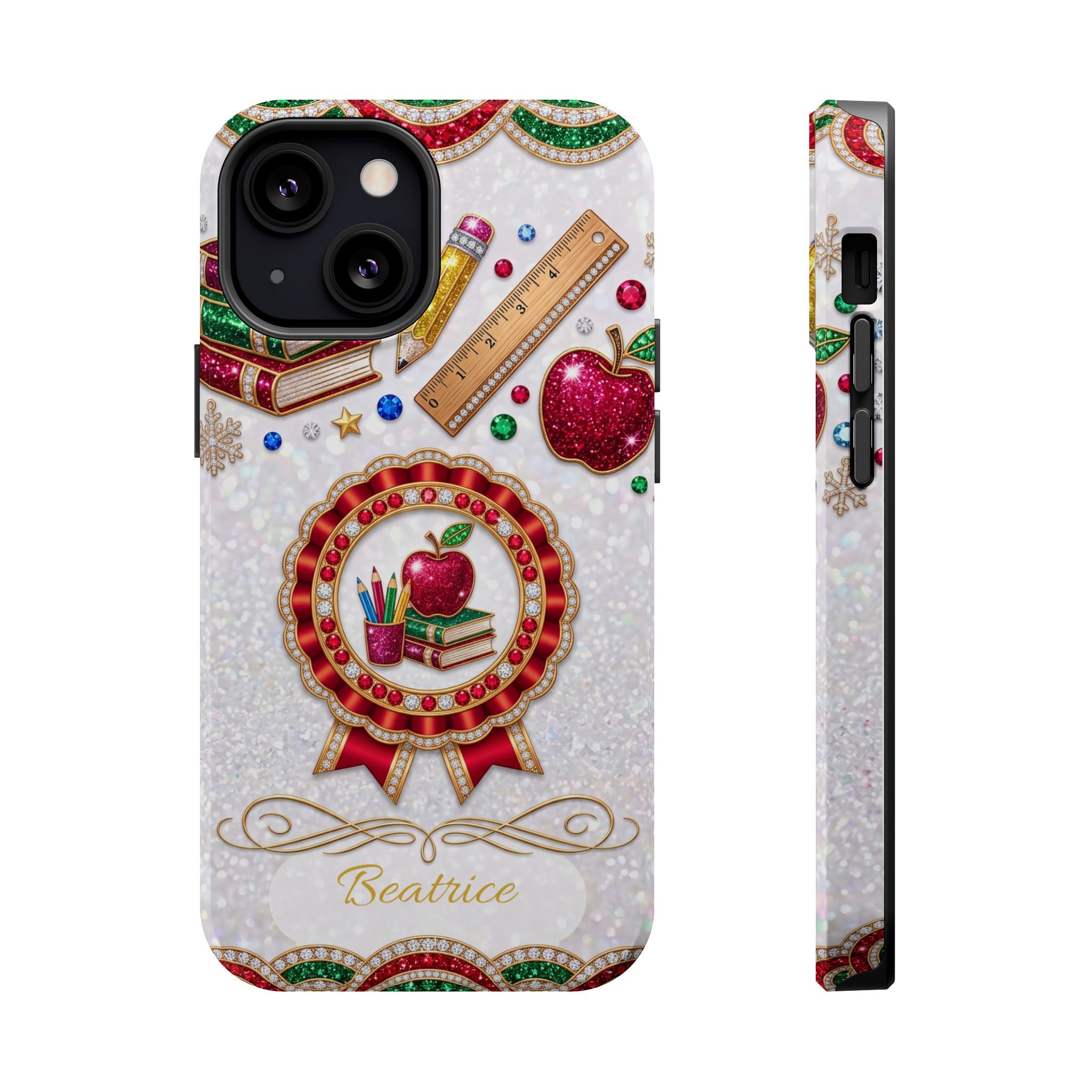 Jeweled Apple Medallion Personalized Teacher Phone Case — Wireless Charging Cover
