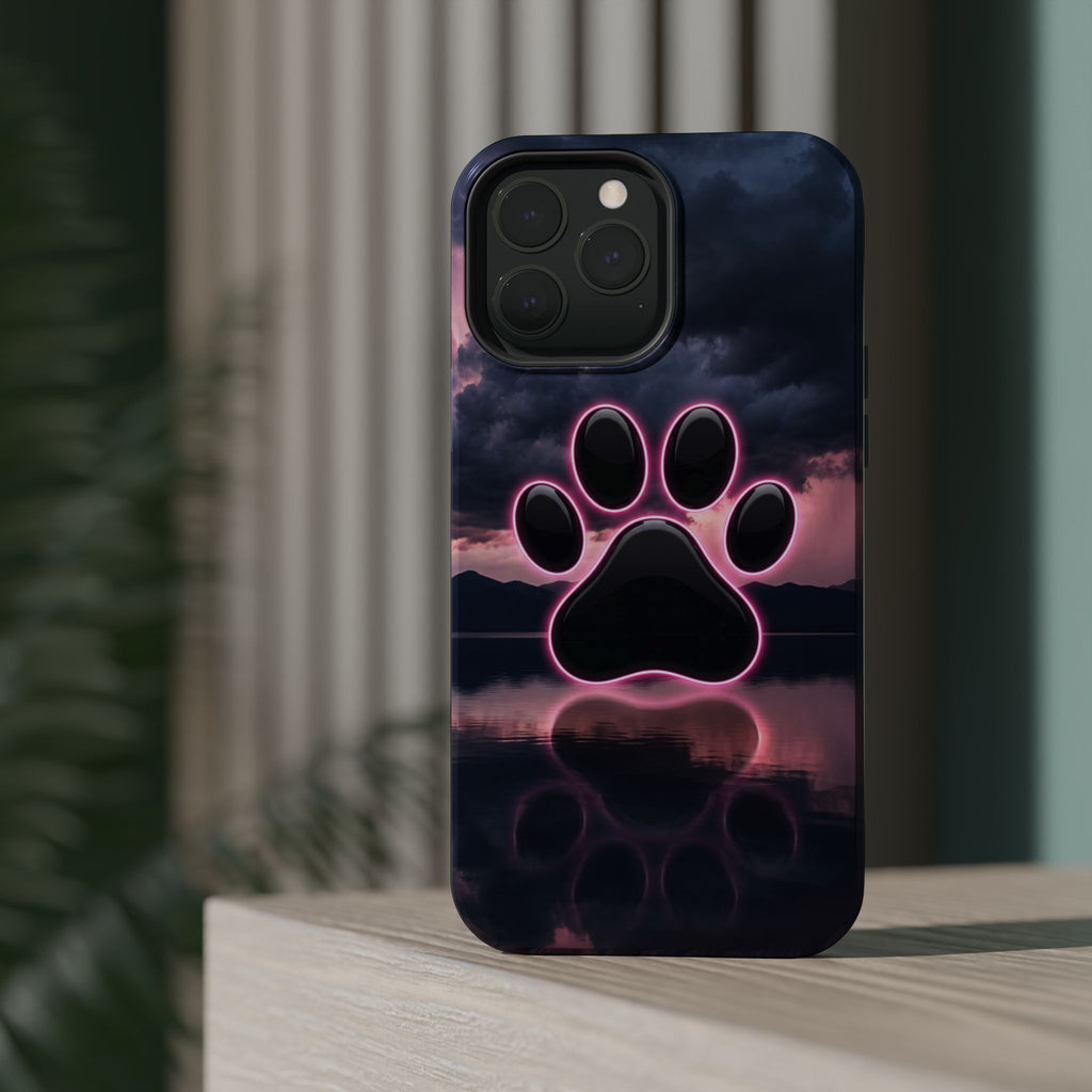 Neon Paw Print Phone Case — Impact-Resistant Wireless Charging Cover