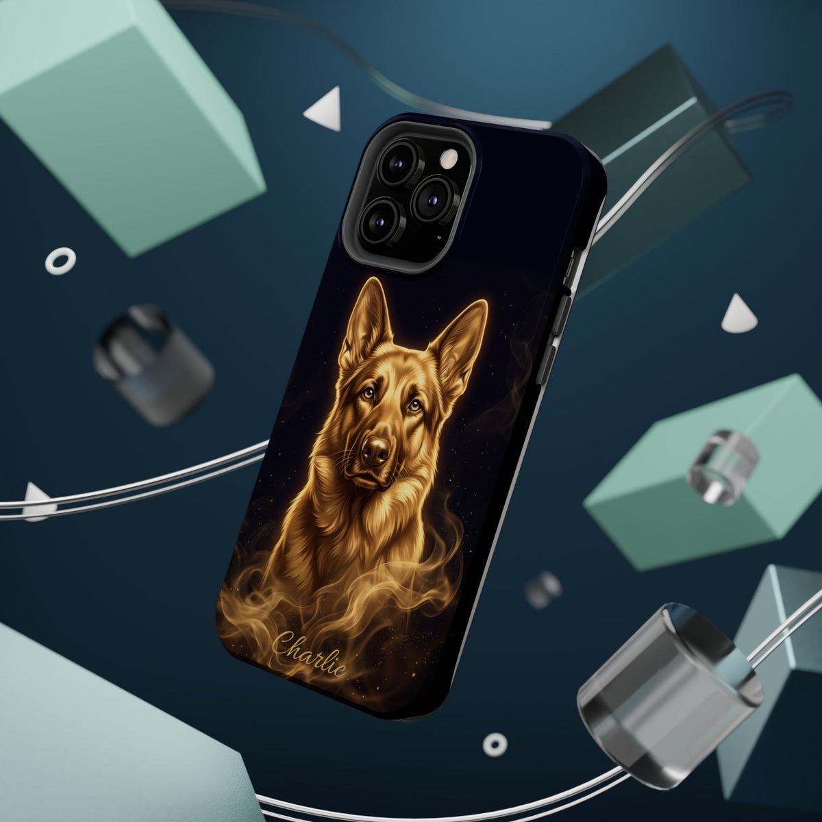 German Shepherd Phone Case | Personalized Gold Glow Art — Tough Magnetic Case with Wireless Charging