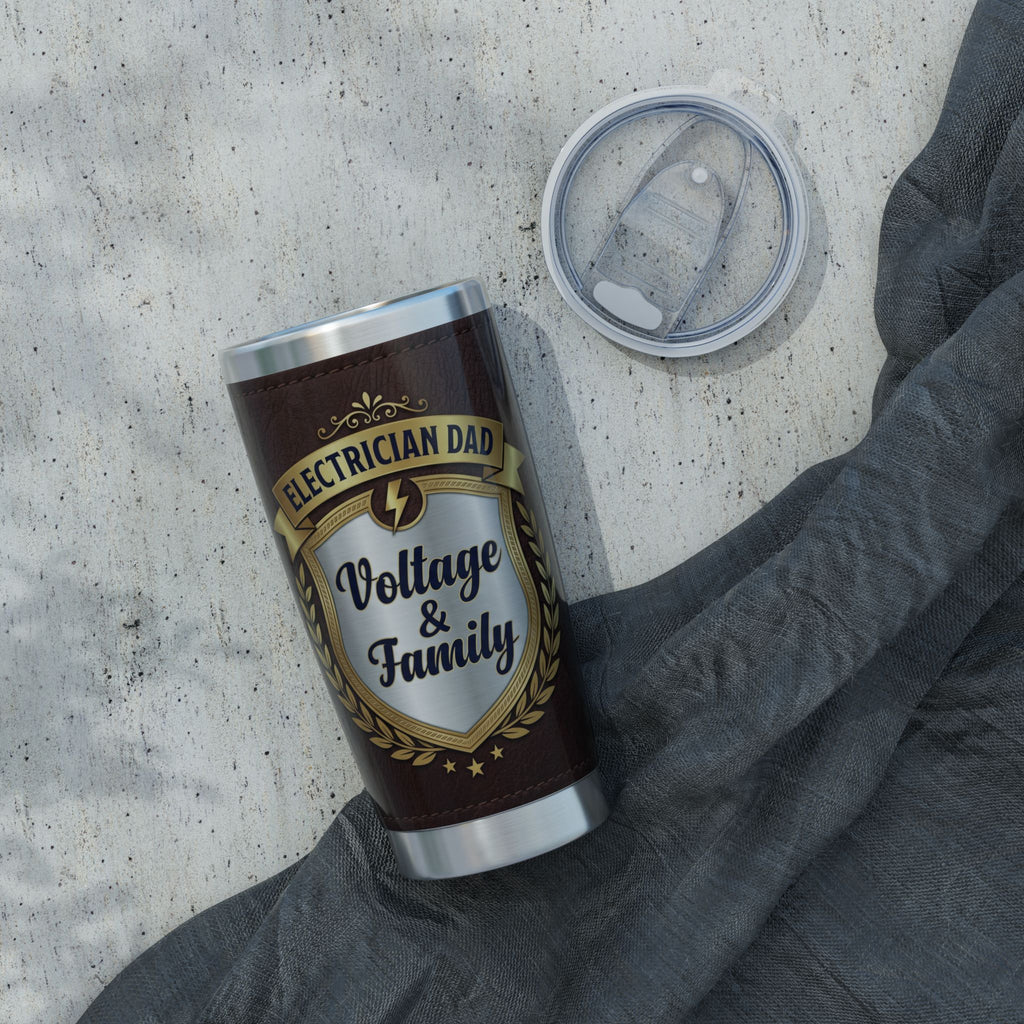 Electrician Dad Tumbler – "Voltage & Family" Leather Crest Design 20 oz