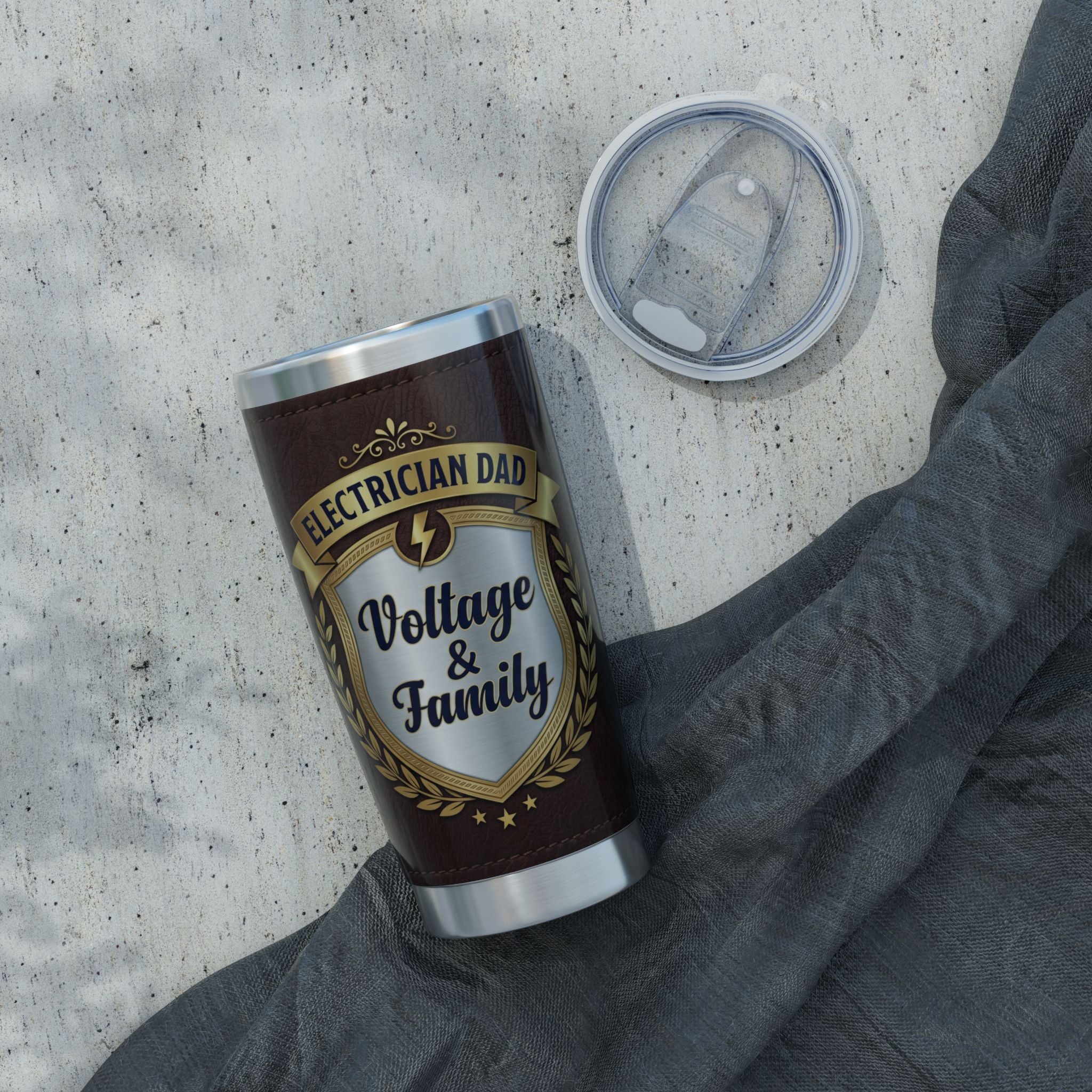 Electrician Dad Tumbler – "Voltage & Family" Leather Crest Design 20 oz