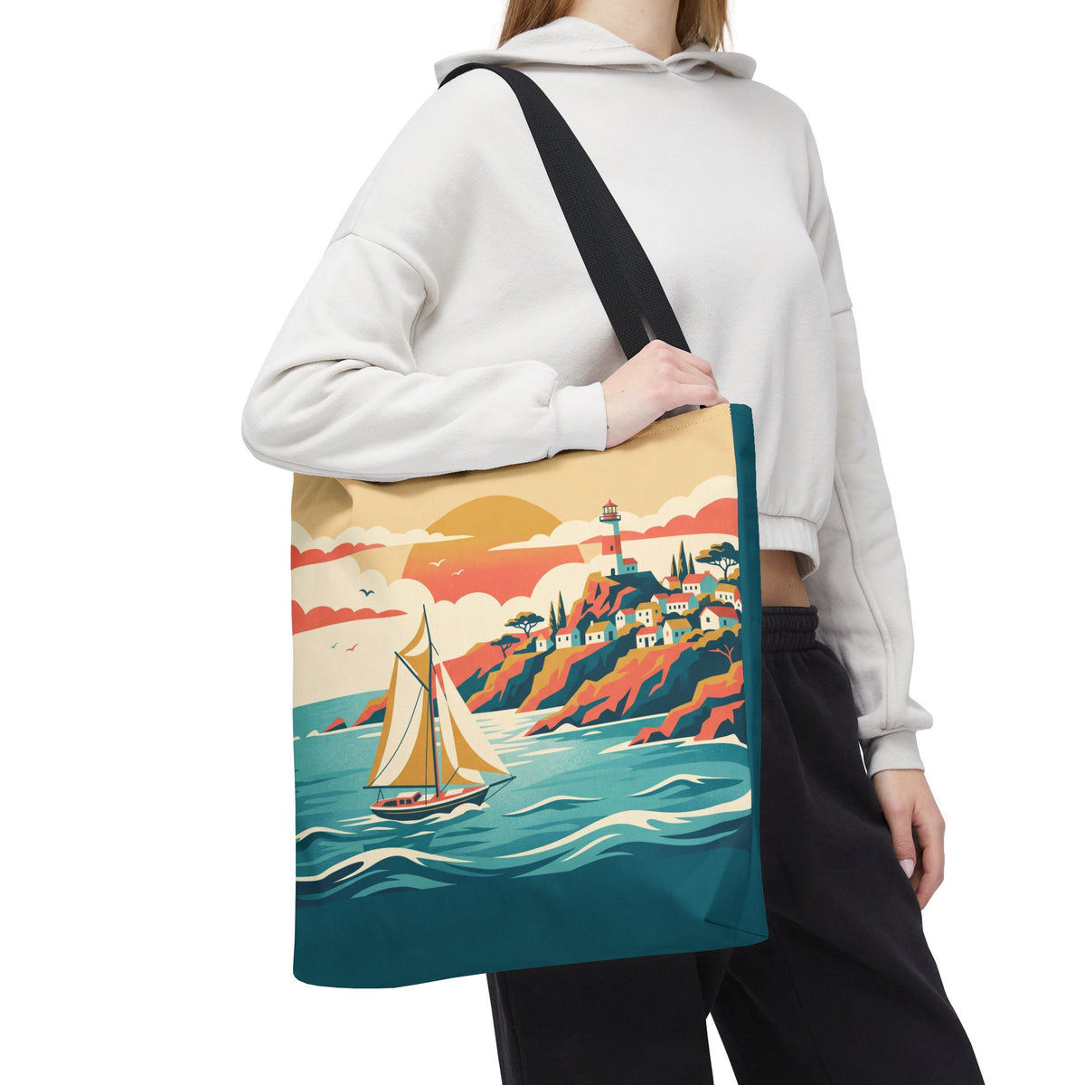 Coastal Lighthouse Sailboat Tote Bag – Retro Seaside Sunset Beach Bag